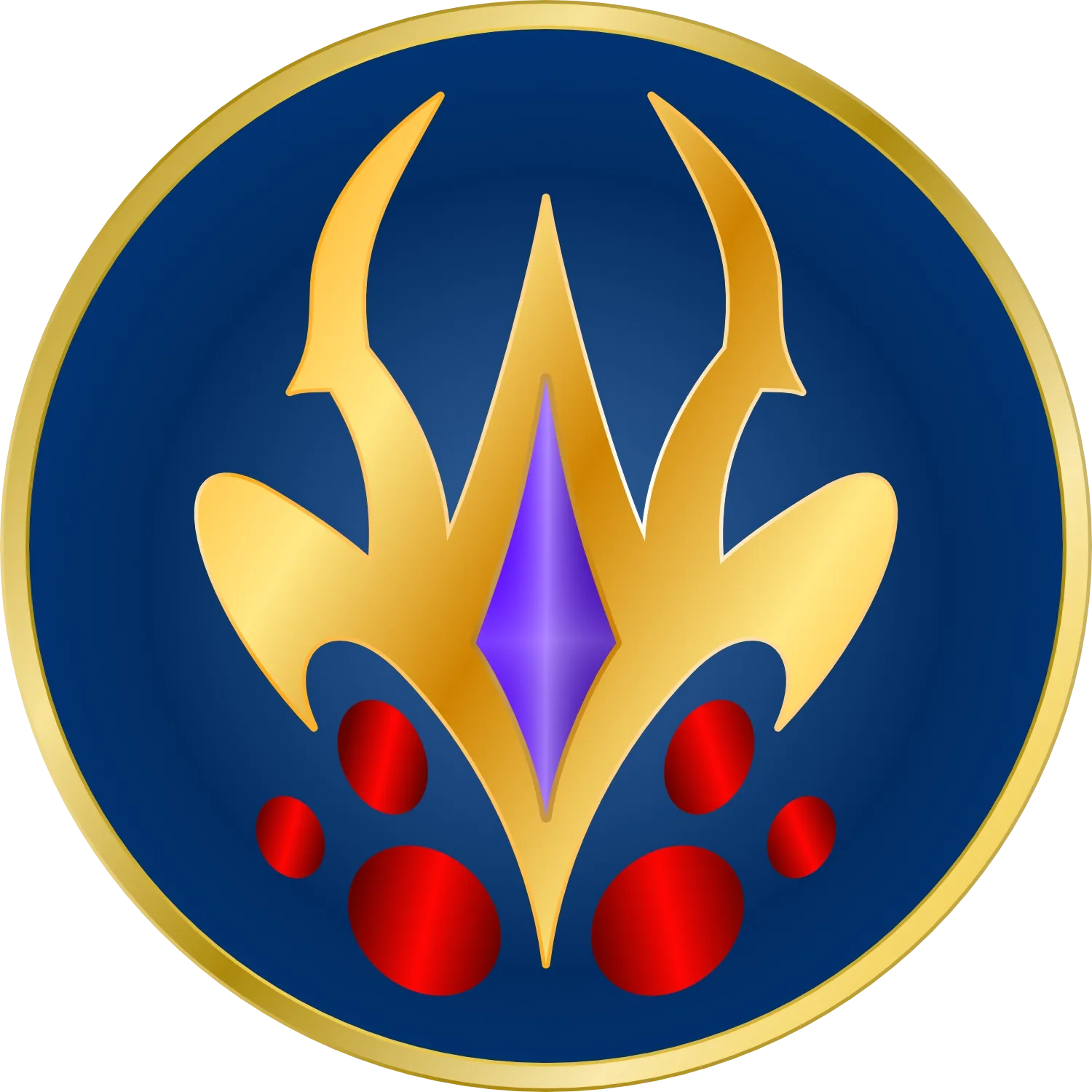 The Race to CORE First: The War Within Season 1 token. A golden crown with a purple gem sits in the centre of a blue background. Six red, jewelled eyes are below the crown- depicting Queen Ansurek. The token is circled by a golden ring.