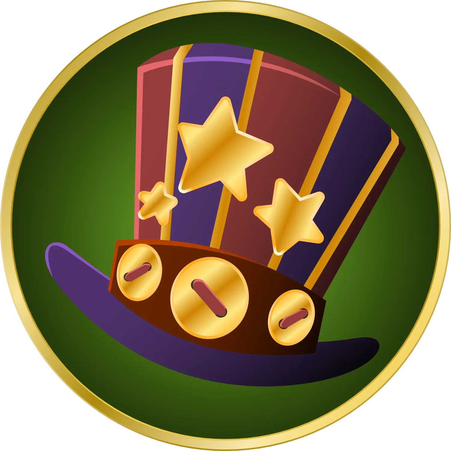 The Race to CORE First: The War Within Season 2 token. A red and purple hat with golden stars and buttons, depicting Gallywix's hat, sits on a green background. The token is circled in a ring of gold.