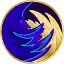 A circular icon that looks like a shadowy blue wave swirling over a golden wave