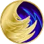A circular icon that looks like a golden wave swirling over a shadowy blue wave