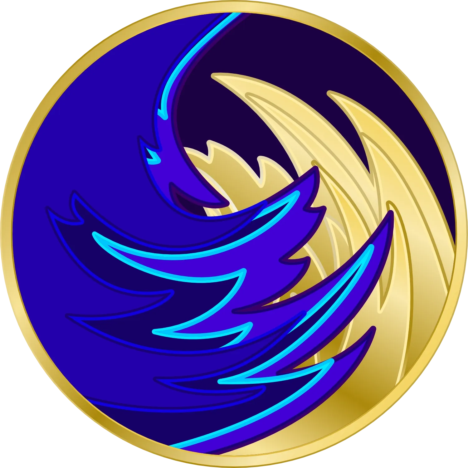 A circular icon that looks like a shadowy blue wave swirling over a golden wave