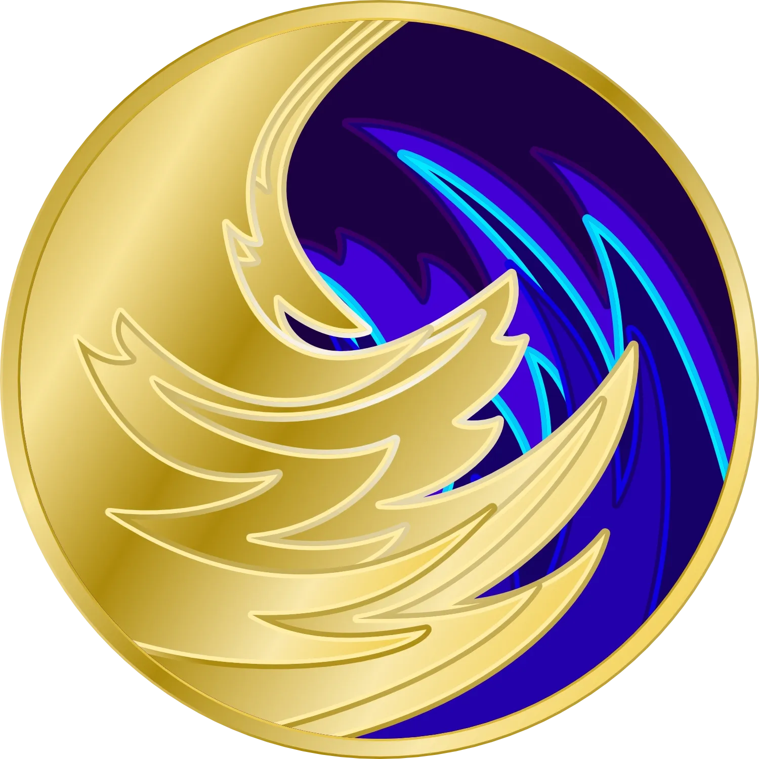 A circular icon that looks like a golden wave swirling over a shadowy blue wave